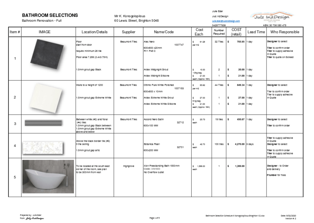 An Example of the Bathroom selections for the bathroom renovation A spreadsheet generated list of all components that are required in the bathroom renovation, the cost and specifics of the components